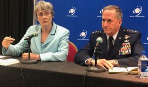 Air Force Secretary Heather Wilson and Gen David Goldfein announcing the demonstration of a Space Weapon at the 35th Space Symposium in Colorado Springs, Colorado