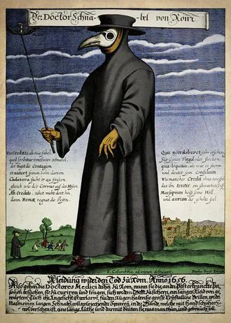 Un médico de la peste y su vestimenta típica durante el brote del siglo XVII.