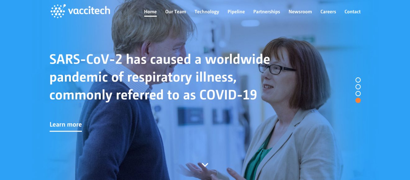 Vaccitech’s homepage showing company co-founders Adrian Hill and Sarah Gilbert
