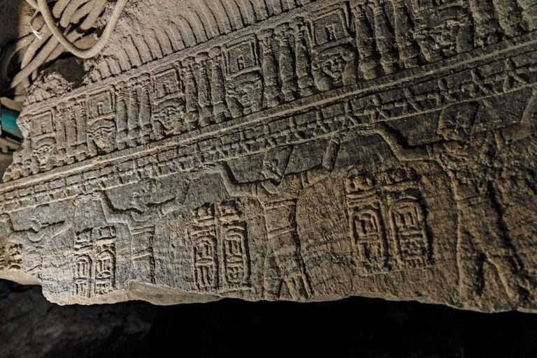 In the Isis temple, the pedestal that may have held the statue of the Egyptian goddess, with carvings of the Roman emperor Tiberius holding up the sky. Roger Anis