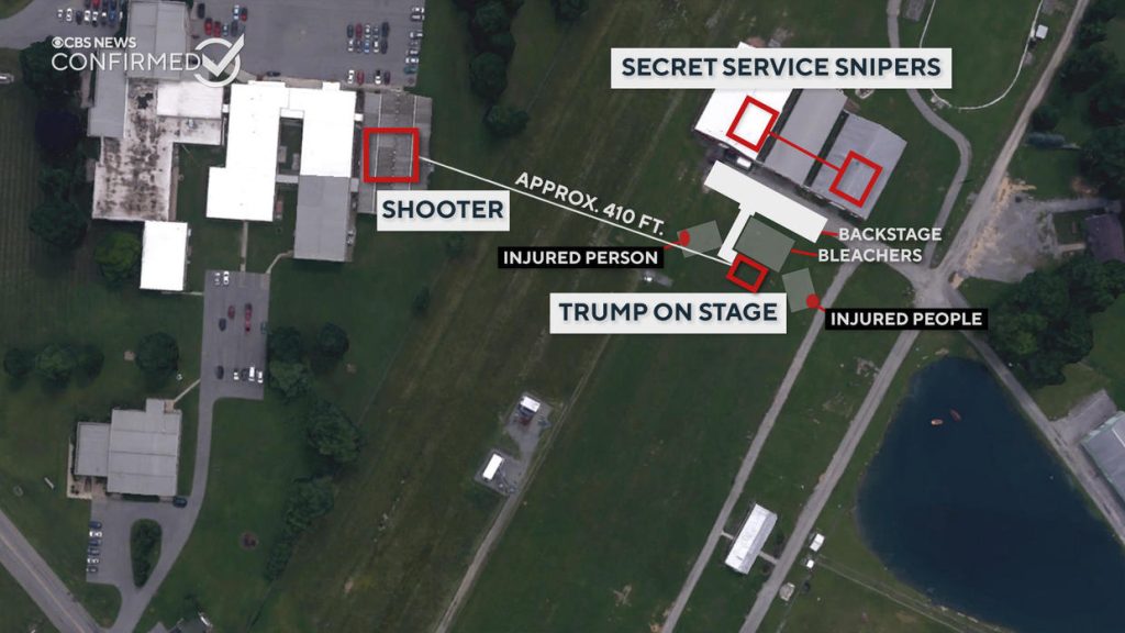 This image shows the location of the shooting site, about 400 feet from the stage, at a Trump rally in Butler, Pennsylvania, on July 13, 2024. GOOGLE EARTH/CBS NEWS